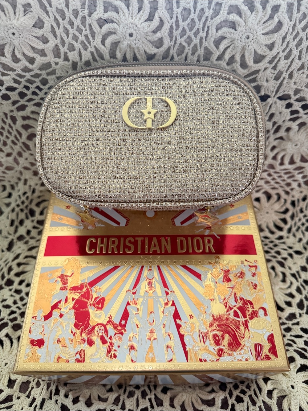 Dior Gold Glitter Cosmetic Pouch with Gold CD Emblem